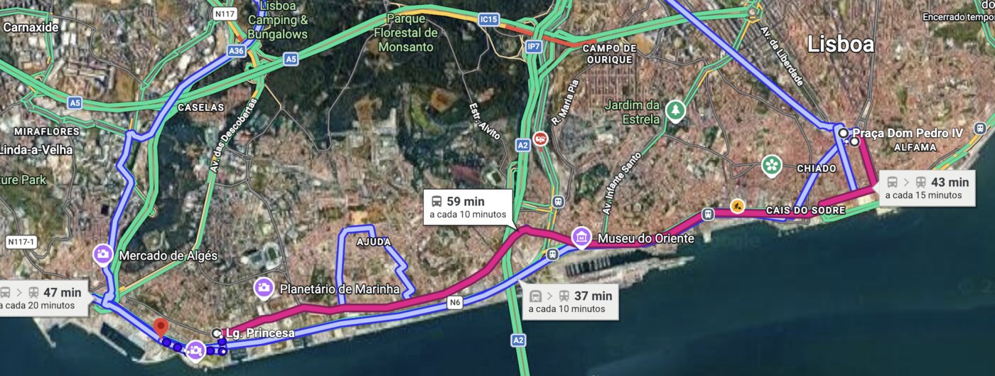 Public transport routes from central Lisbon to the venue