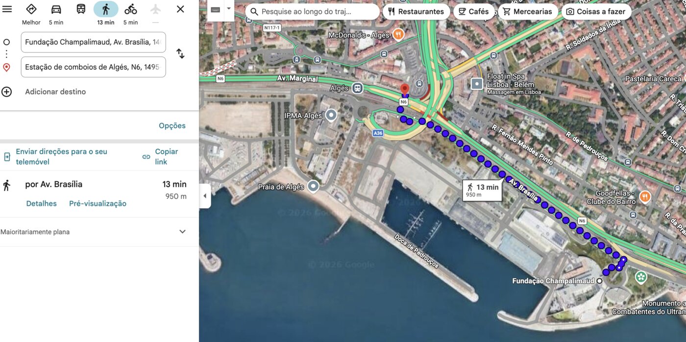 Walking route from Estação Algés to the venue, about 13 minutes